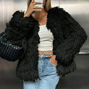 Black Casual Women's Fluffy Coat